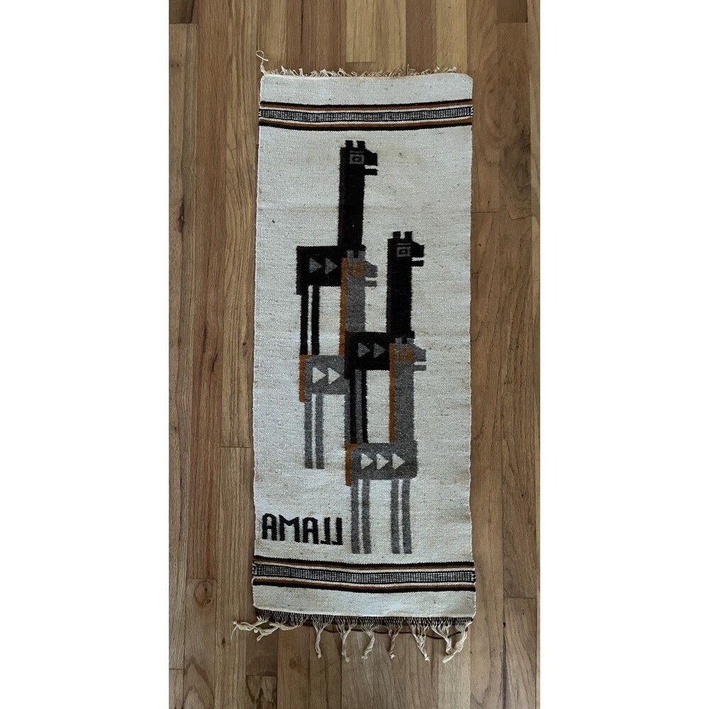 Vintage MCM South American Wool Hand Woven Llama Tapestry 40”x16”